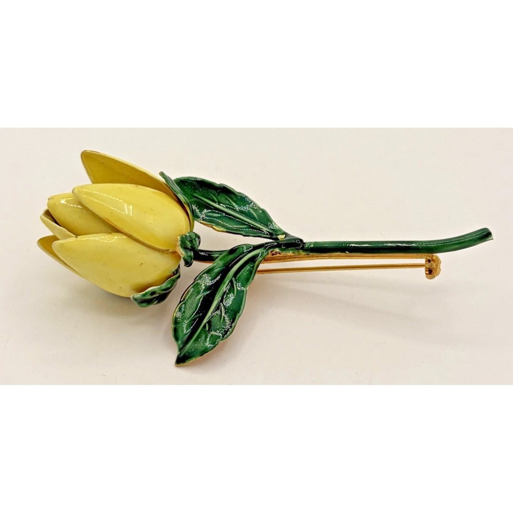 Vintage Sandor Co Enamel Yellow Tulip Flower Bud Brooch Pin Gold Tone